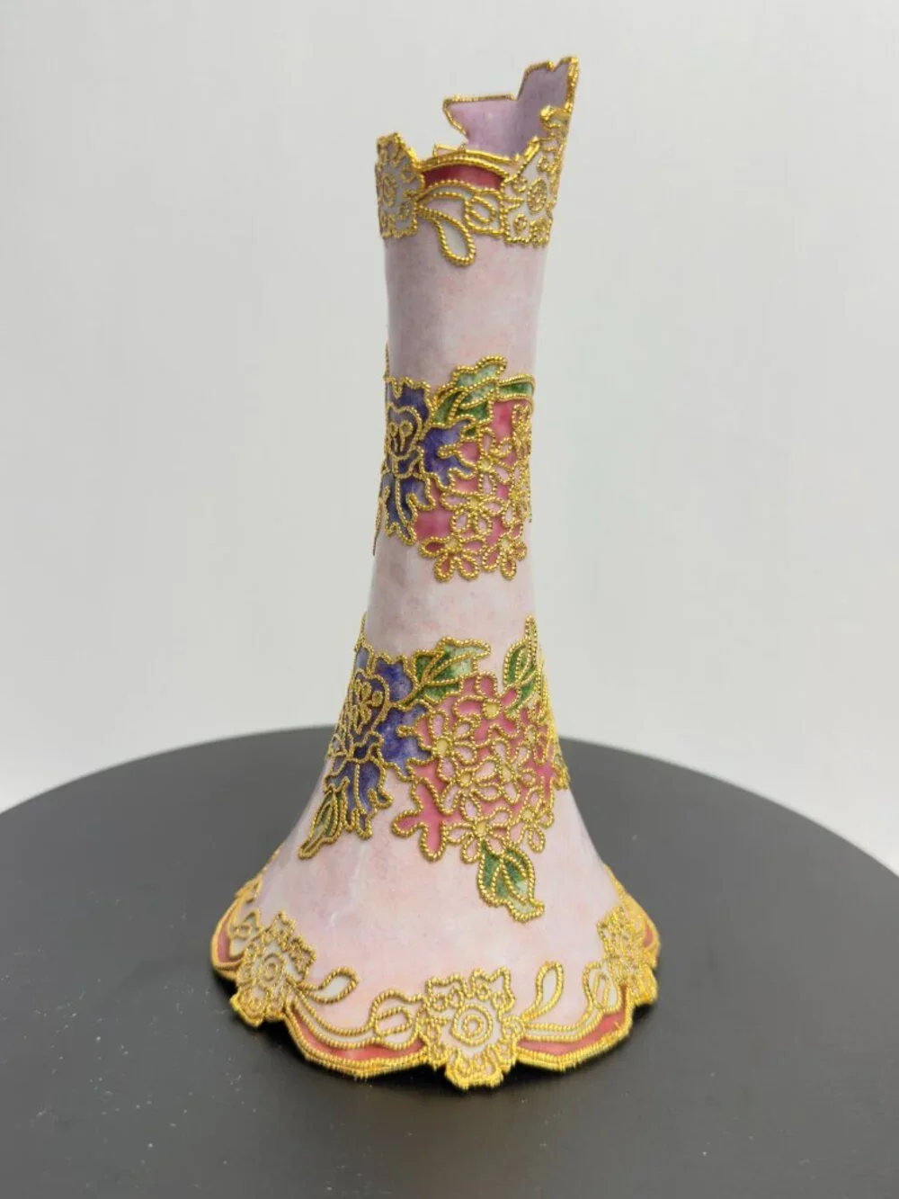 Chinese Vintage Cloisonné Vase Pink Enamel & Gold Filigree Victorian Design 6